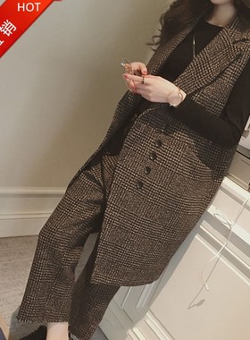 洋气时尚女秋冬气质显瘦复古厚毛呢西装马甲阔腿裤两件套马夹套装