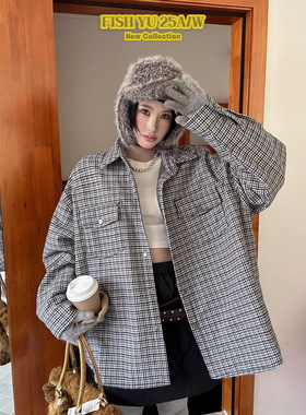 正品现货FISHYU冬季新款韩系休闲格纹加厚夹棉工装口袋衬衫外套女