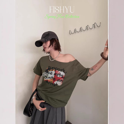 正品现货FISHYU夏季新款美式Saly字母印花立体标斜肩辣妹短袖t恤