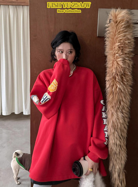 正品现货FISHYU冬季新款美式复古双袖发泡印花加绒圆领宽松卫衣女