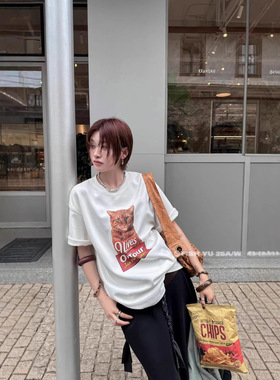 正品现货FISHYU春季新款美式复古猫咪字母印花宽松圆领短袖t恤女