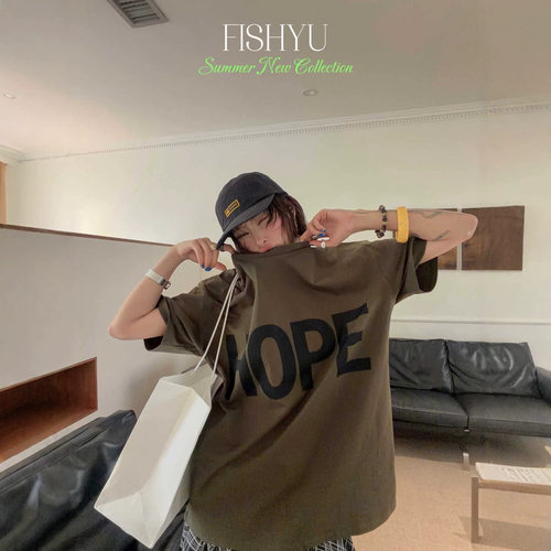 正品现货FISHYU夏季新款美式复古HOPE字母印花宽松大版短袖t恤女