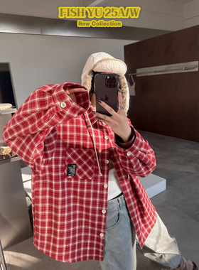 正品现货FISHYU冬季新款美式复古贴标牛奶丝抓绒宽松格纹衬衫外套