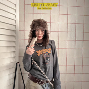 复古绘画BOY字母印花加绒正肩长袖 正品 美式 新款 t恤 现货FISHYU冬季