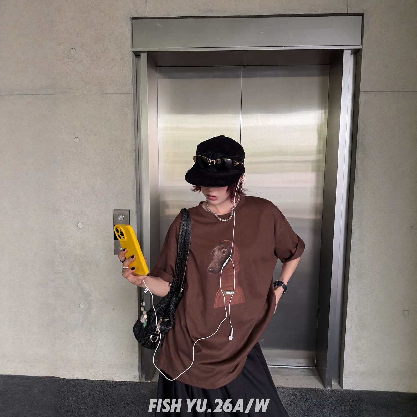 正品现货FISHYU早秋新款美式复古毛衣腊肠狗印花圆领大版短袖t恤