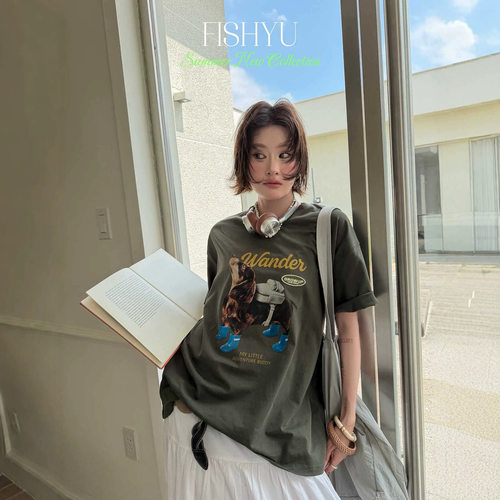 FISHYU夏季新款美式复古背包腊肠狗字母印花立体小标大版短袖t恤