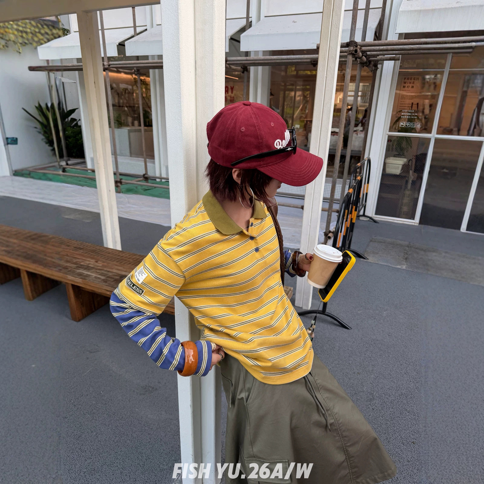 正品现货FISHYU早秋新款美式袖子小标拼接撞色条纹假两件POLO衫女