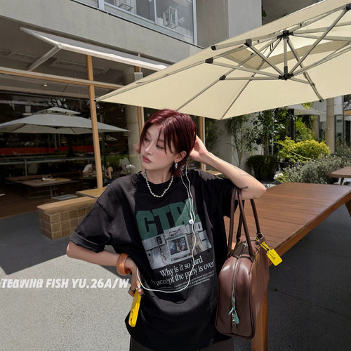正品现货FISHYU早秋新款美式复古CTRL怀旧电视机印花圆领短袖t恤