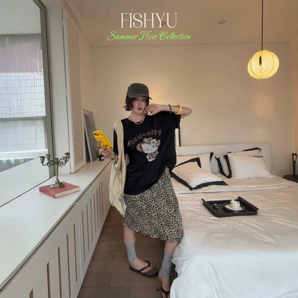 正品现货FISHYU夏季新款韩系慵懒氛围感豹纹雪纺中裙休闲半身裙