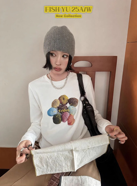 正品现货FISHYU 冬季新款复古毛线球直喷印花加绒正肩圆领长袖t恤