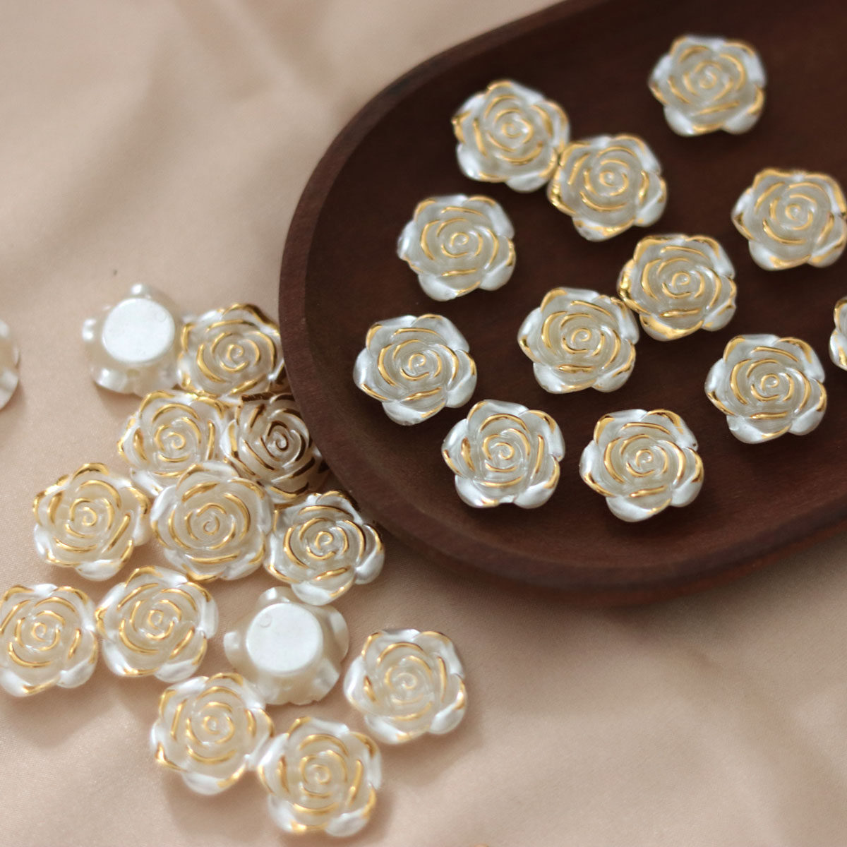 金边玫瑰花朵手缝仿珍珠DIY衣服帽子等装饰配件手工串珠饰品配件