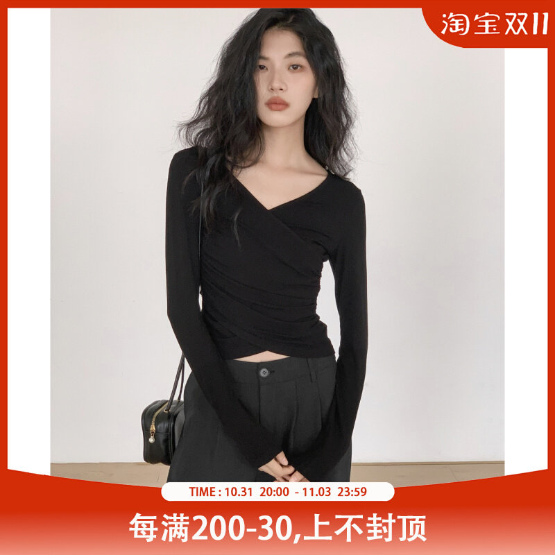 EM八月 v领长袖t恤女2023新款设计感收腰黑色短款辣妹上衣打底衫怎么样,好用不?