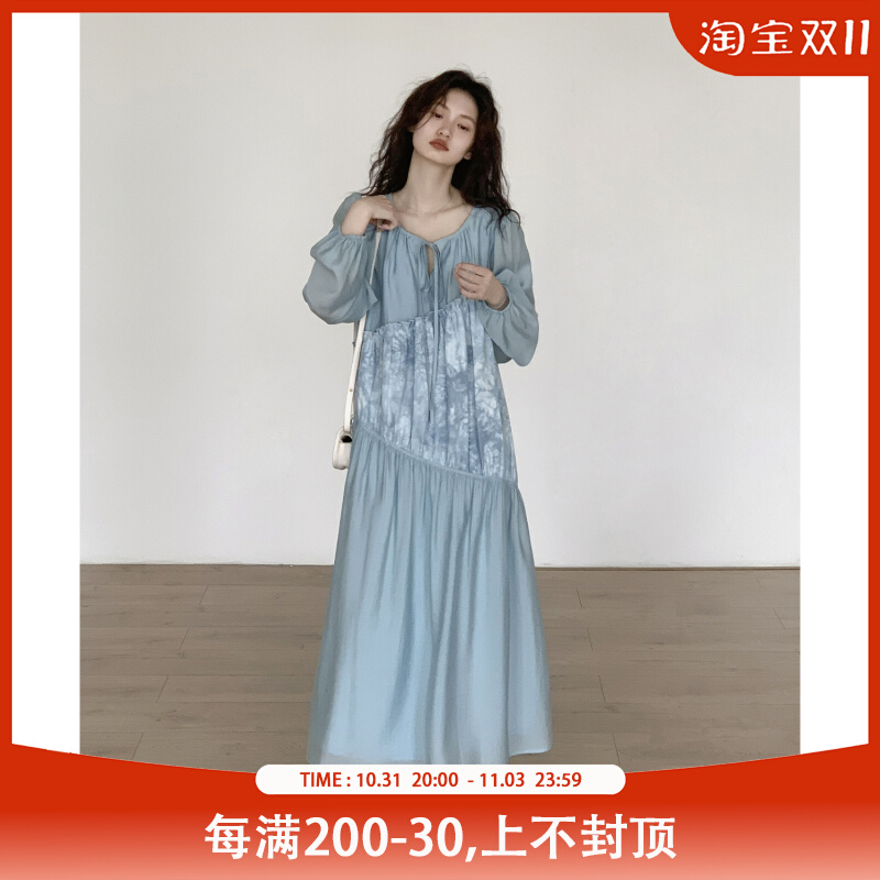 EM八月 湖蓝色雪纺圆领长袖连衣裙女夏季不规则小众裙子气质长裙