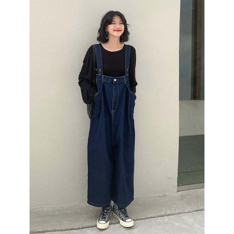 EIGHTHMONTH八月 深蓝色牛仔背带裤女2023春季新款阔腿宽松牛仔裤