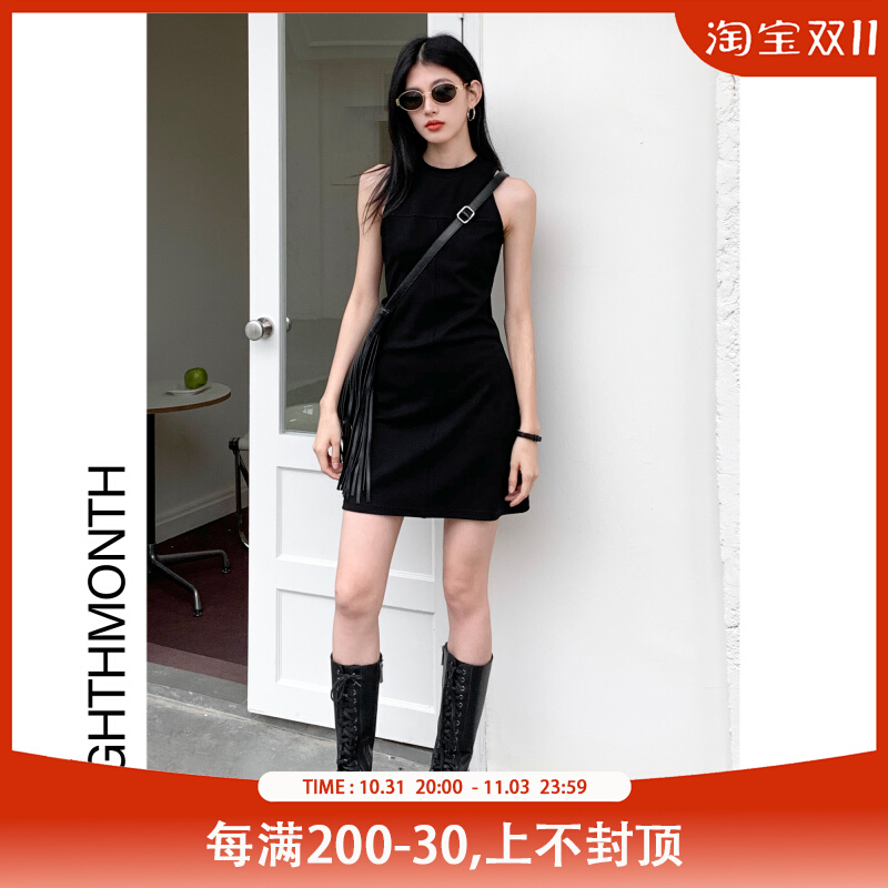 八月 无袖背心连衣裙2023夏季新款辣妹简约修身显瘦黑色短裙裙子