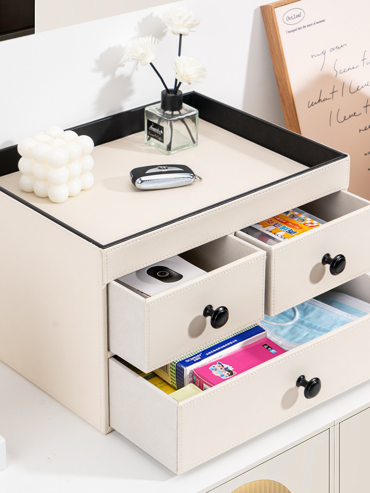 玄关柜台桌面收纳盒抽屉式化妆品收纳盒大容量护肤品整理盒皮质