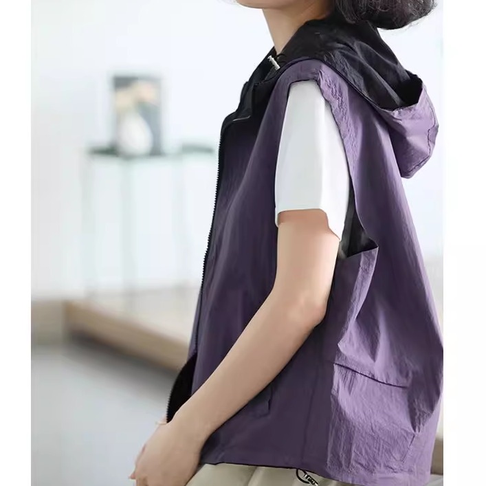 双面穿文艺连帽马甲女春夏季2025新款百搭无袖马夹宽松大码开衫