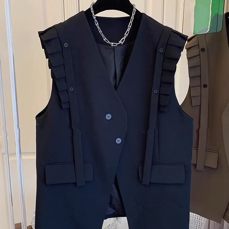 春秋新款气质木耳边拼接西装马甲背心外套女宽松休闲中长款上衣