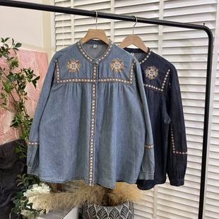 文艺休闲「精致绣花牛仔」宽松衬衣女E6384