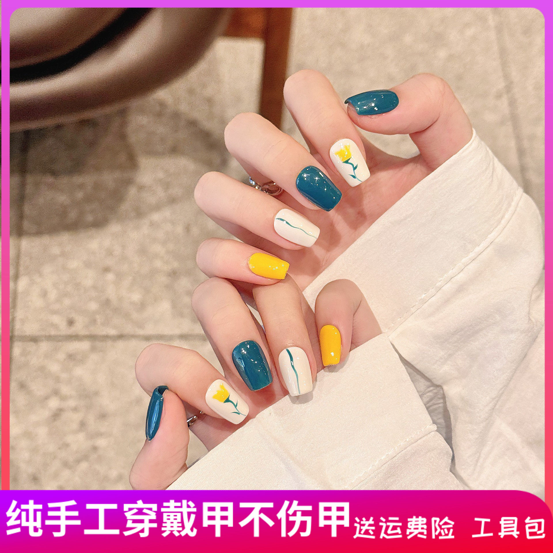 原创手工穿戴甲成品手绘花朵小清新莫兰迪色美甲片指甲贴美甲贴片