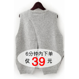女士羊毛马甲后背开叉毛背心无袖坎肩圆领短款针织衫毛衣外套