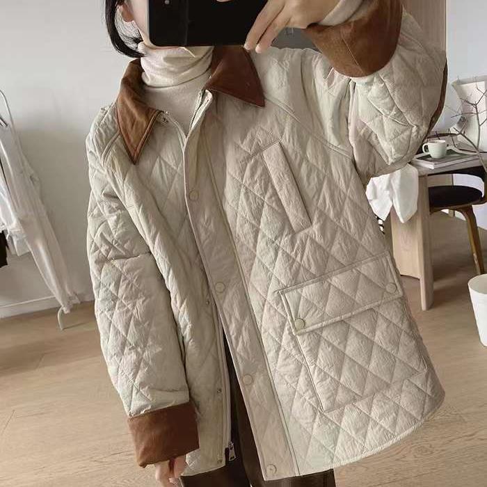 插肩袖棉衣外套女冬季新款宽松显瘦大口袋拼接复古夹棉菱形格大衣