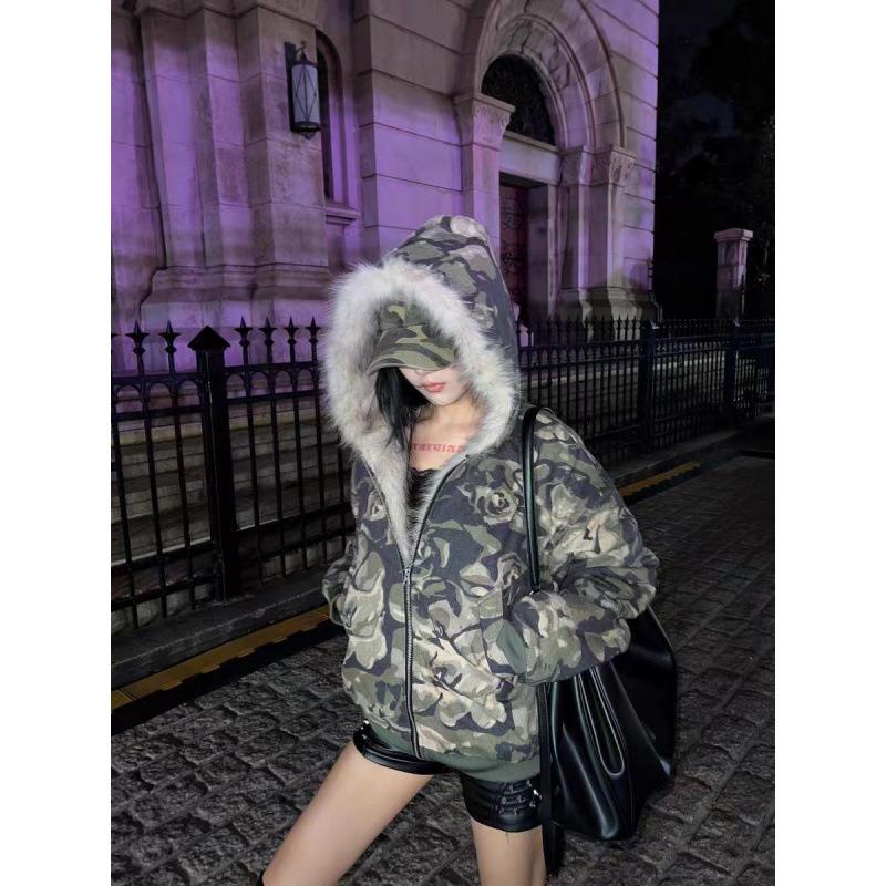 美式复古迷彩棉服外套女2024冬季新款加厚夹棉连帽短款夹克棉衣潮