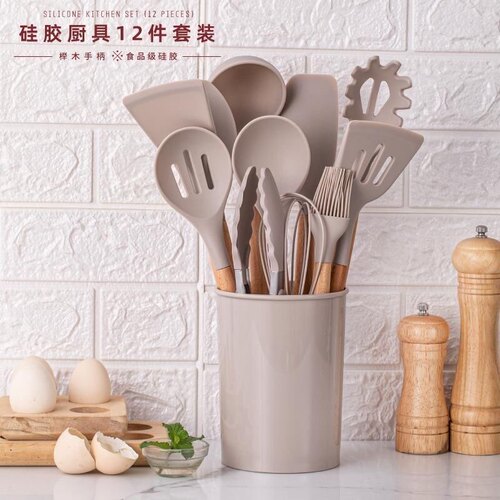 木柄硅胶厨具套装12件套烹饪铲勺彩色不粘厨师具收纳桶跨境热销
