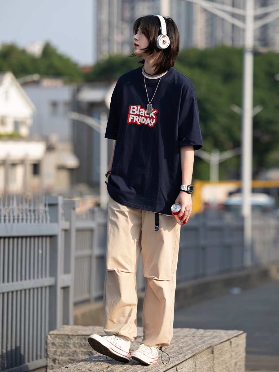 你初恋老王休闲裤男士夏季日系直筒阔腿裤子宽松抽绳束脚长裤子女
