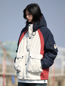 你初恋老王撞色连帽羽绒服男女日系工装羽绒棉服冬季90白鸭绒外套