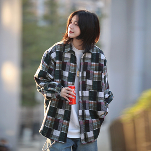 你初恋老王格子春季外套男拼色衬衫潮日系休闲慵懒风长袖上衣男士