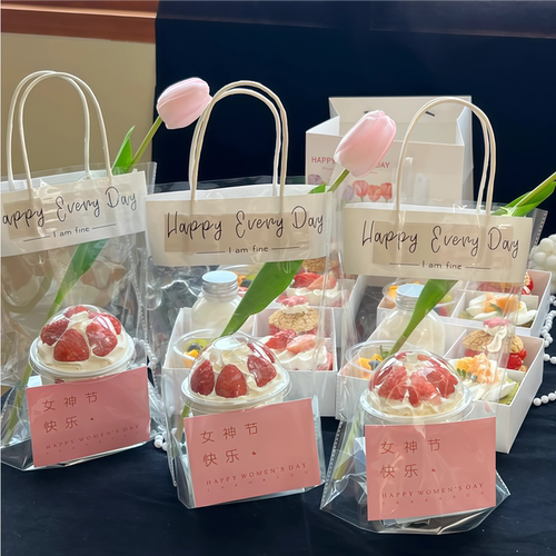 38女神节波波杯蛋糕装饰仿真郁金香花节日快乐吊牌透明手提甜品袋