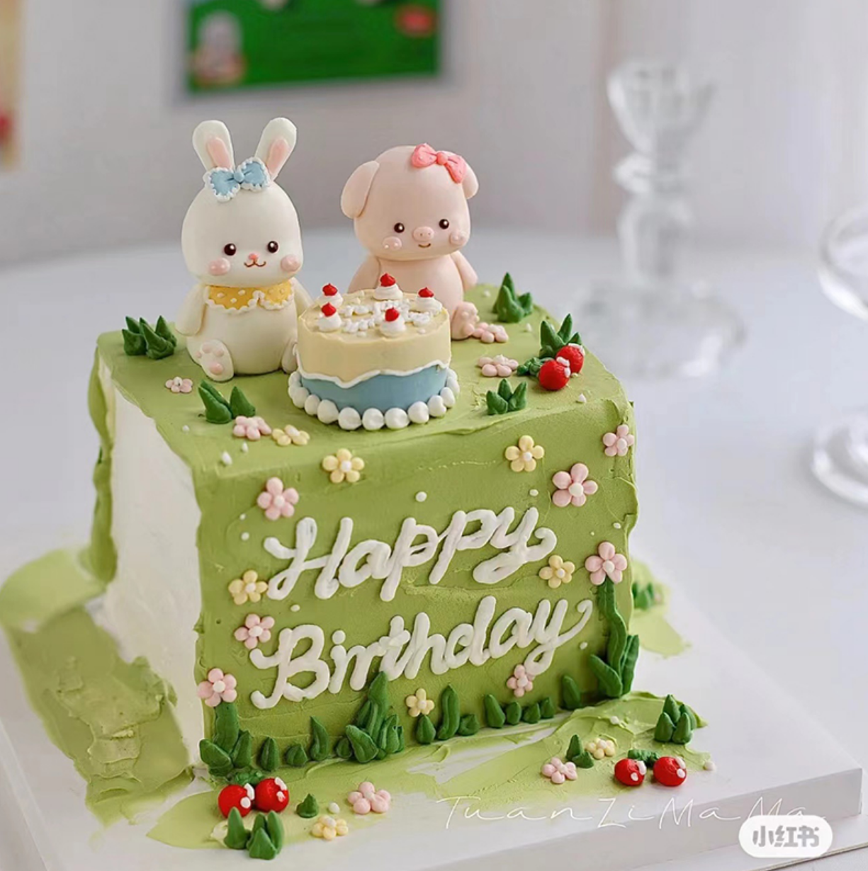 网红春游蛋糕软陶立体小猪小兔子生日蛋糕装饰摆件森系小动物蛋糕