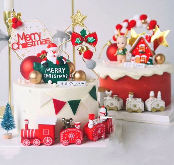 圣诞节烘焙蛋糕装饰摆件软陶松树红房子老人路牌圣诞小火车甜品台