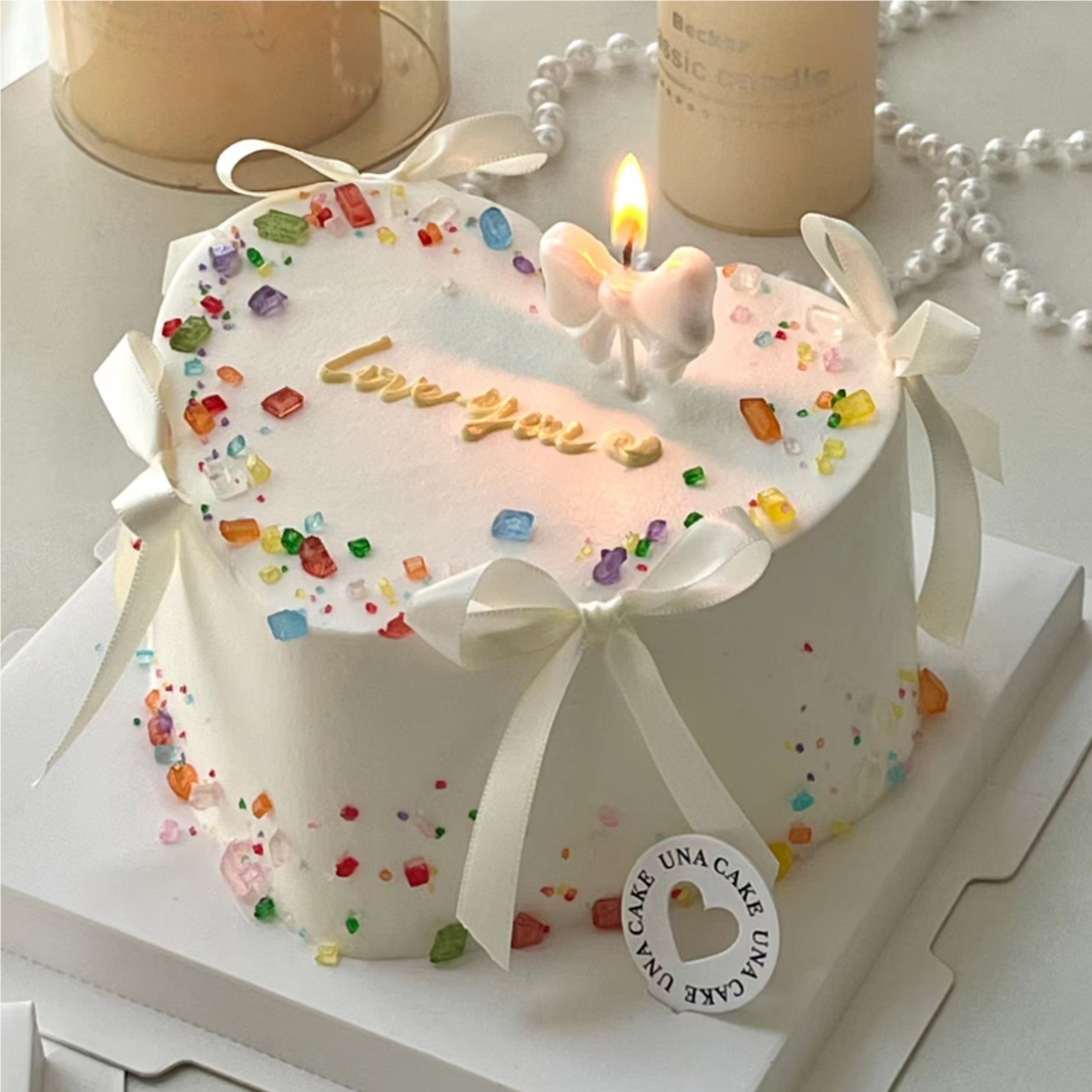 2024七夕情人节珠光白蝴蝶结生日蜡烛蛋糕装饰幻彩水晶糖颗粒装扮