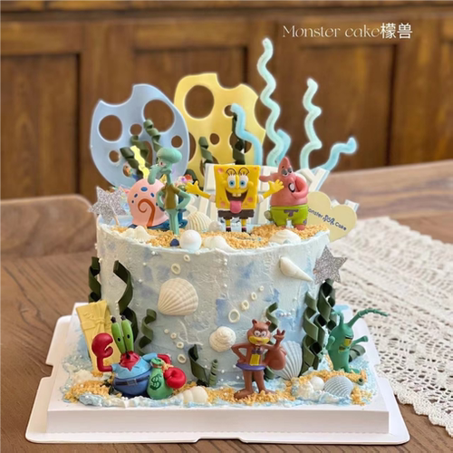 海绵宝宝蛋糕装饰摆件卡通派大星章鱼哥创意儿童生日装扮插件插牌