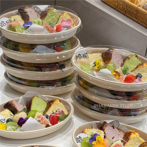 网红春游野餐椭圆形盒子巴斯克拼盘打包盒一次性水果奶油碗纸浆碗