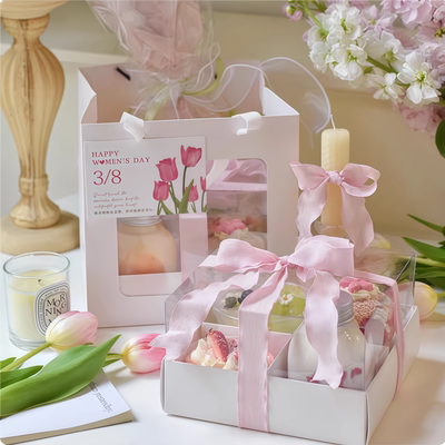 38女神节妇女节四宫格甜品盒三八女王节蛋糕装饰伴手礼透明手提袋