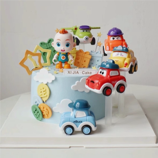 卡通男孩宝贝卡通生日蛋糕装 饰摆件儿童回力小汽车生日蛋糕小插件