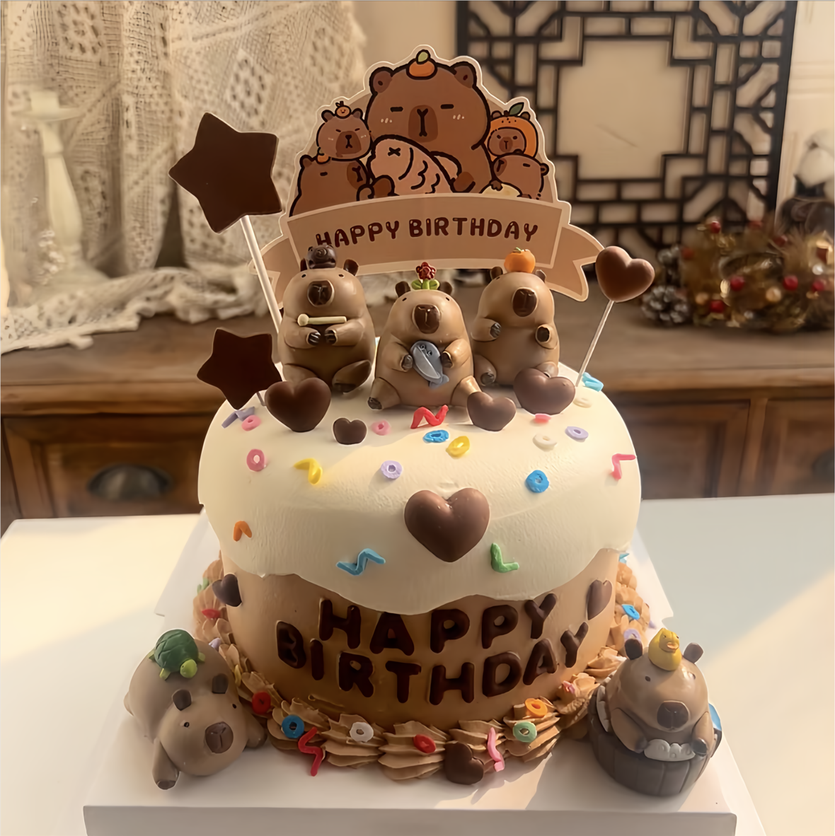 网红卡通卡皮巴拉生日蛋糕装饰摆件可爱洗澡水豚卡皮巴拉摸鱼摆件