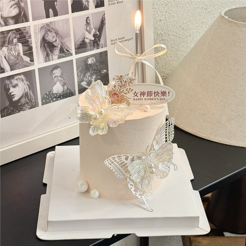 3.8女神节快乐蛋糕装饰插牌镭射幻彩大号唯美蝴蝶白色丝带蜡烛