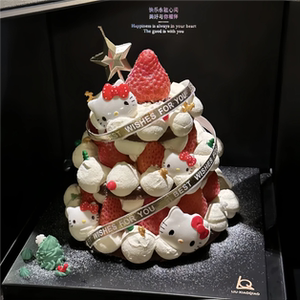 网红圣诞节可爱卡通KT猫草莓塔蛋糕装饰摆件圣诞金色丝带星星蜡烛