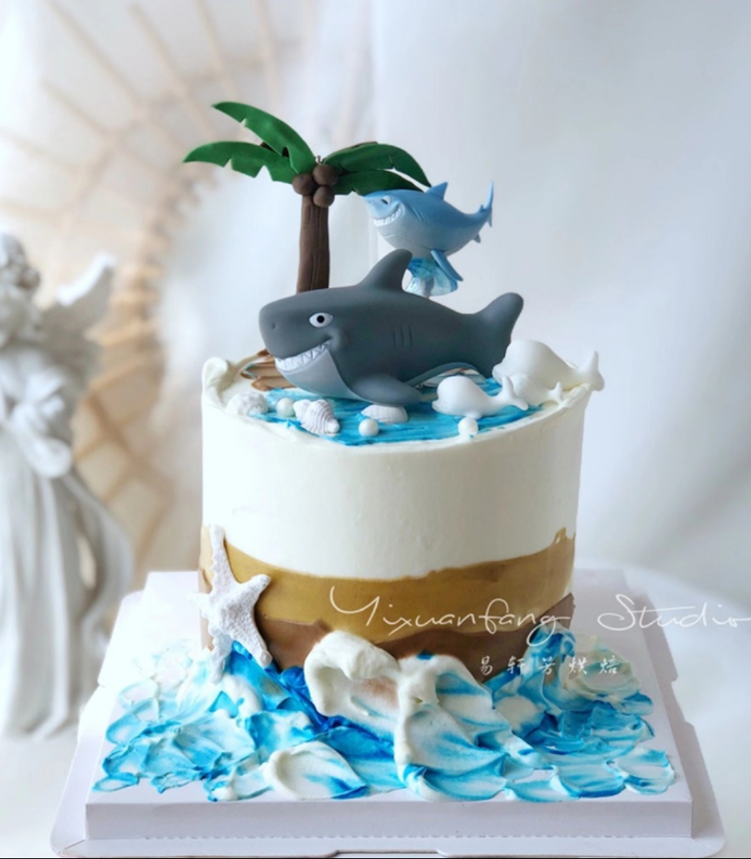卡通儿童生日蛋糕装饰摆件大鲨鱼摆件海洋主题海底总