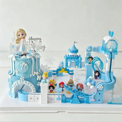 卡通冰雪奇缘生日蛋糕摆件艾莎公主玩偶蓝色城堡轨道山洞小火车