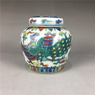 大明成化全手工斗彩孔雀纹天字罐古董古玩老货旧货收藏仿古瓷摆件