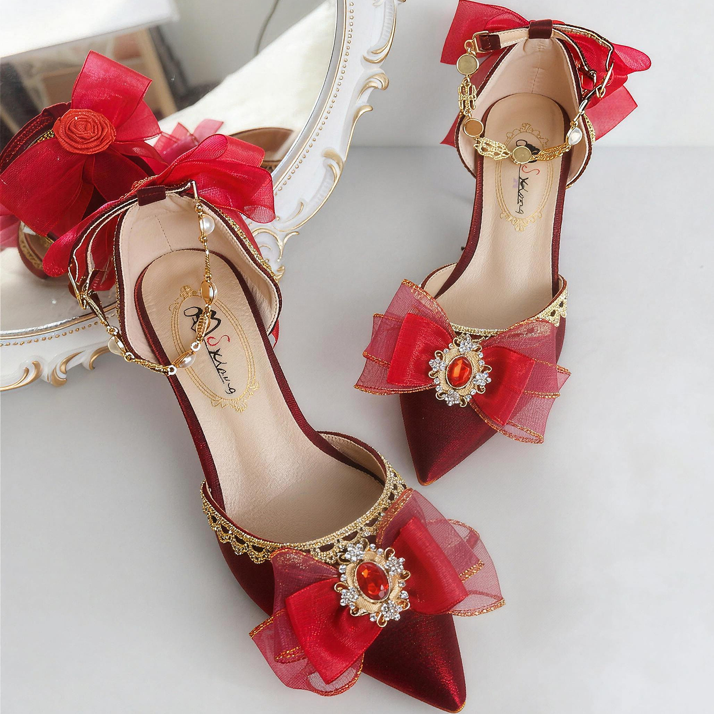 原创尖头花嫁Lolita玫瑰花婚鞋