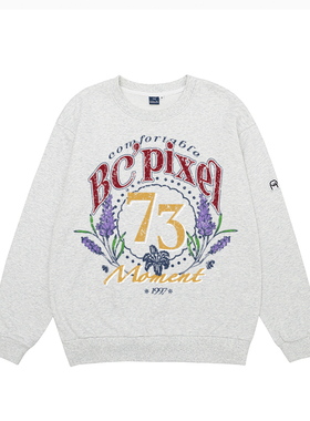 黑喵像素73数字编号美式学院印花情侣宽松休闲圆领基础长袖卫衣秋