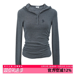 bm微弹流行休闲女 打底修身 黑喵像素 条纹亨利领连帽长袖