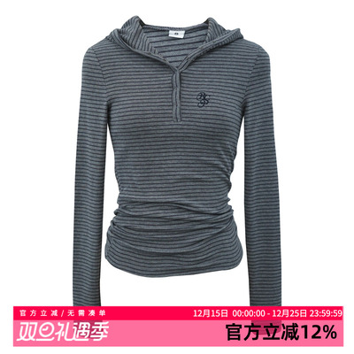 黑喵像素 条纹亨利领连帽长袖打底修身bm微弹流行休闲女