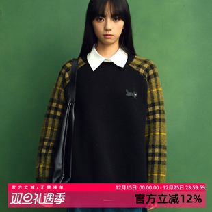 黑喵像素 黑绿格纹插肩袖宽松春秋季针织圆领毛衣外套